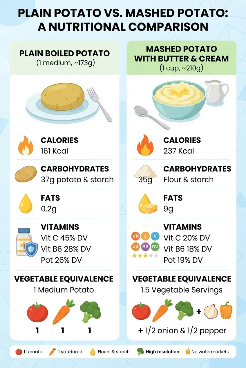 Infographic comparing plain potato vs mashed potato with added butter and cream, side-by-side columns showing calories, carbs, fats,