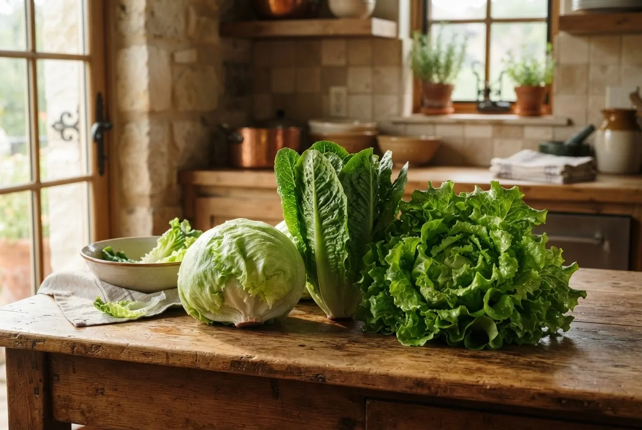Fresh variety of lettuce heads (iceberg, romaine, green leaf) arranged on a rustic wooden table with natural sunlight from the side,