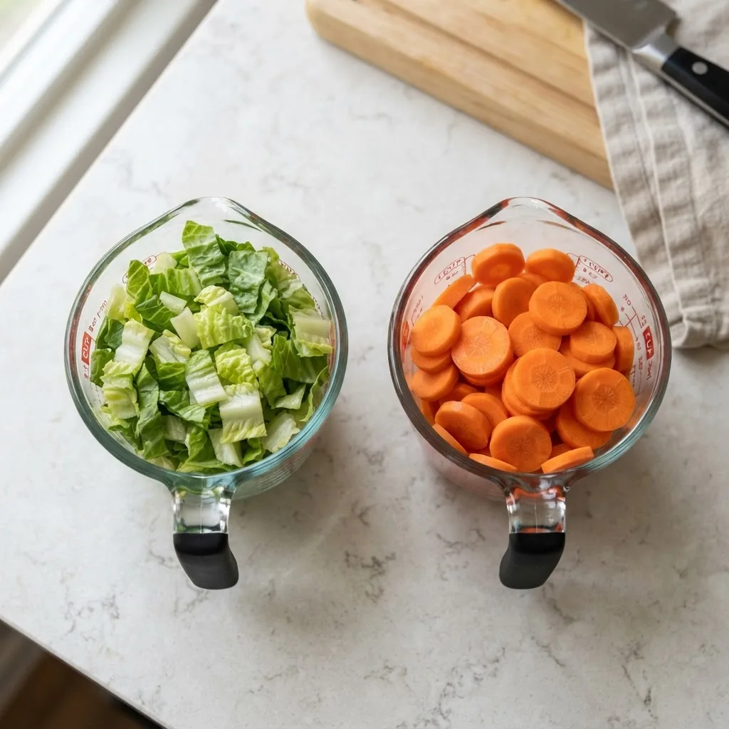 a measuring cup filled with chopped lettuce sitting next to an equal-sized measuring cup with sliced carrots on a neutral kitchen counter,