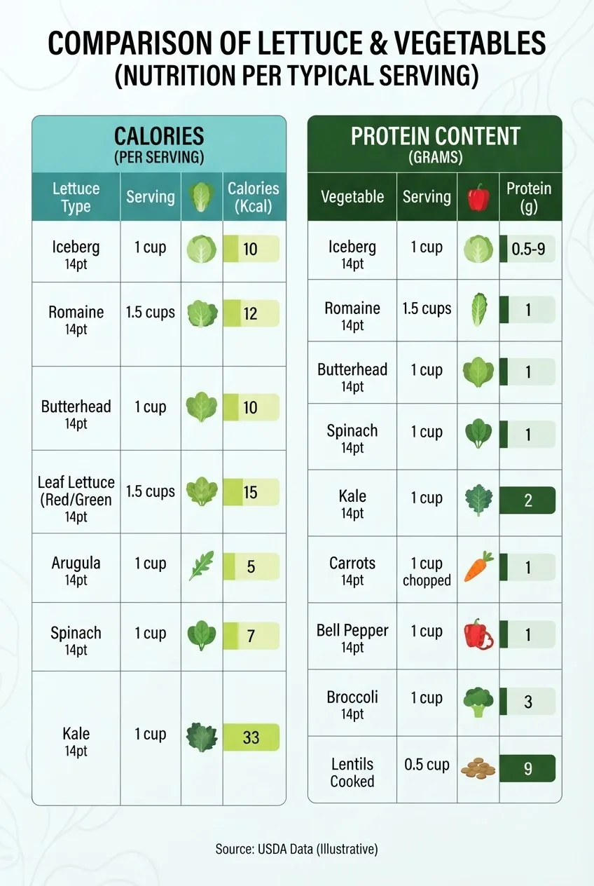 with two comparison tables side by side: left table shows calories per typical serving of lettuce types; right table shows protein content