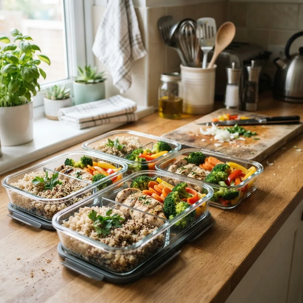 Close-up of meal prep containers filled with portioned lean proteins, sliced veggies, and whole grains arranged neatly on a kitchen