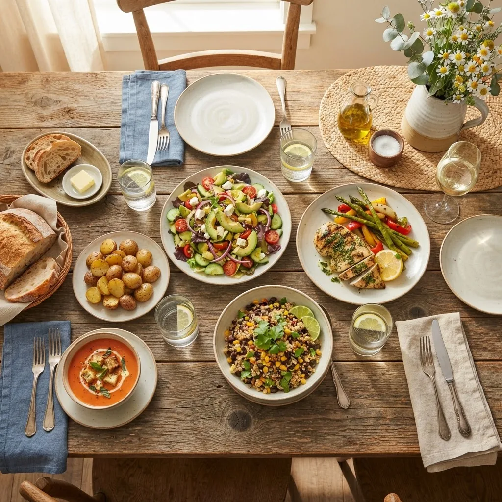 A bright, colorful overhead shot of a rustic wooden table set with multiple light dinner plates featuring fresh vegetable salads, grilled