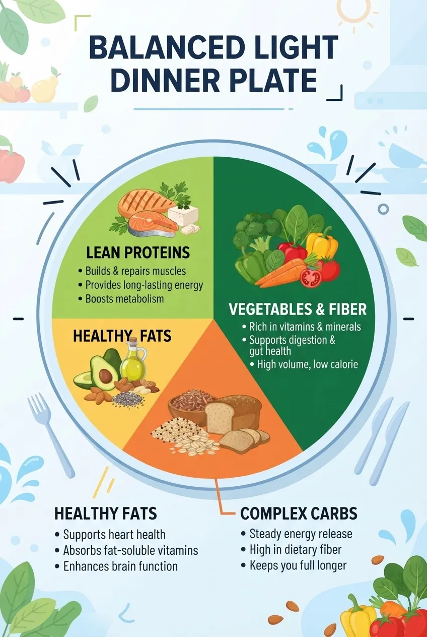 An infographic showing a pie chart of a balanced light dinner plate divided into lean proteins, vegetables, whole grains, and healthy fats,