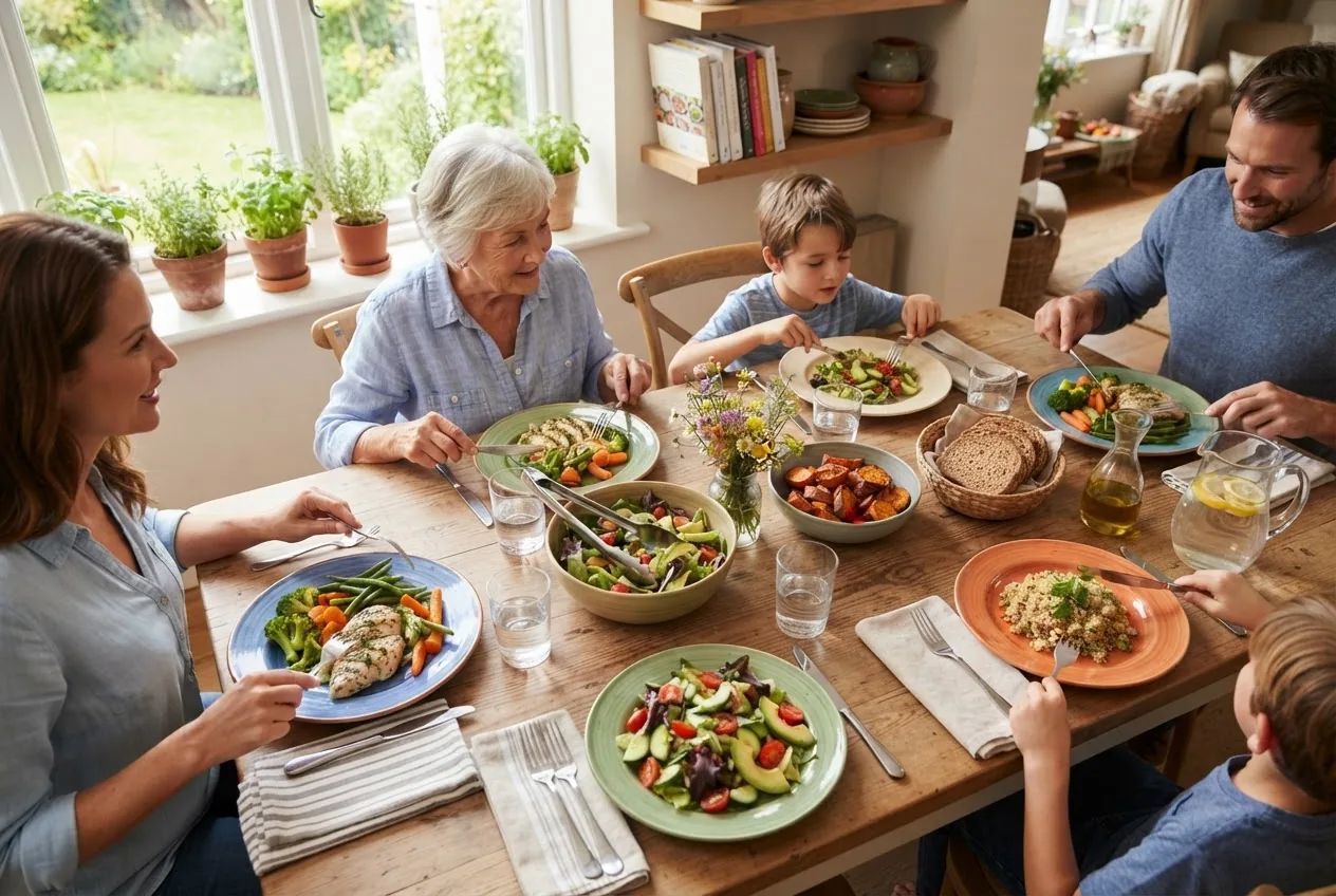 A bright, inviting overhead shot of a family dinner table set with colorful plates featuring light, healthy dishes such as grilled chicken,