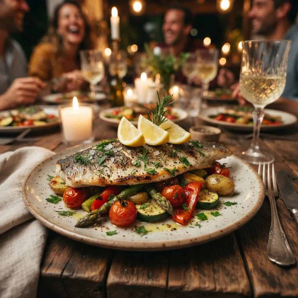 Close-up photo of a festive, beautifully plated light dinner featuring grilled fish with roasted vegetables, garnished with herbs and lemon