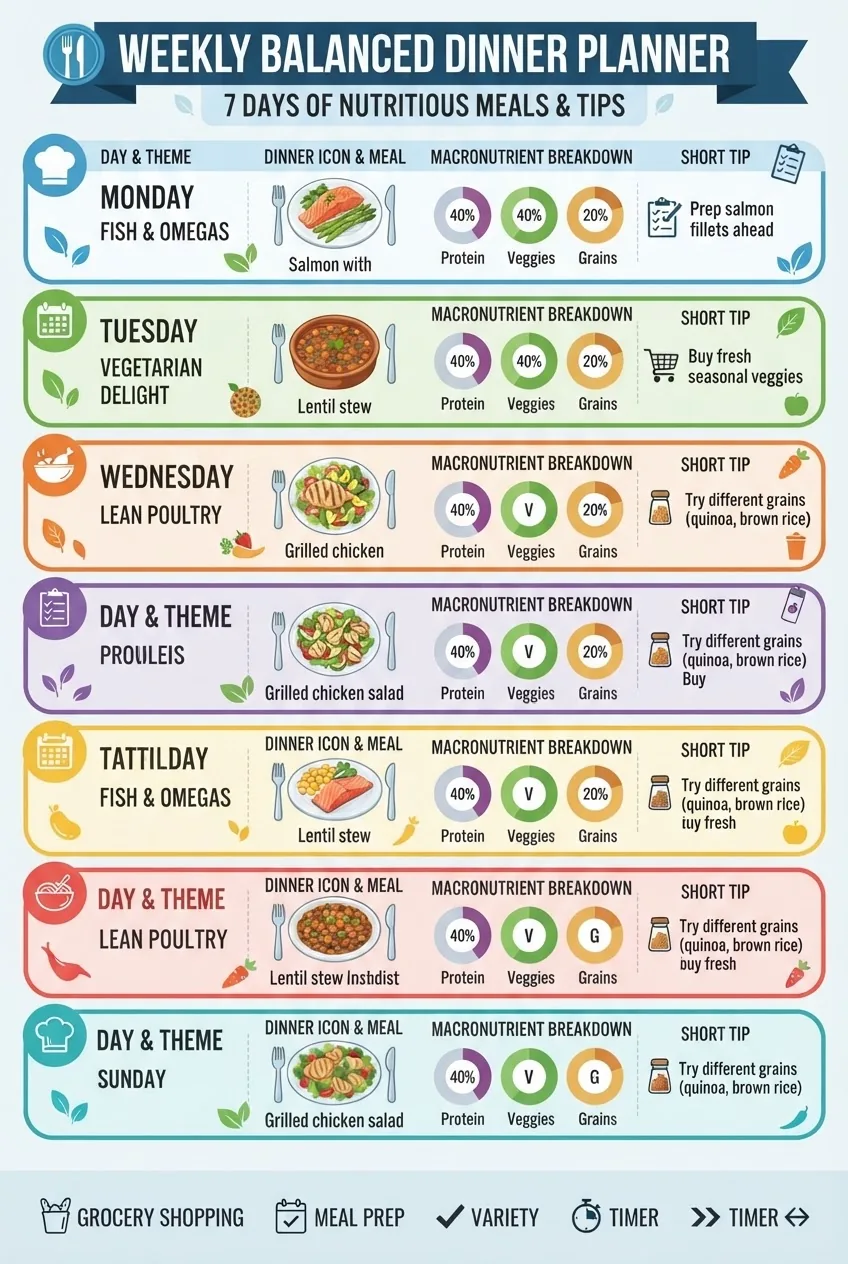 A visually clean infographic with a seven-day calendar layout, each day showing icons representing a type of dinner (e.g., fish,