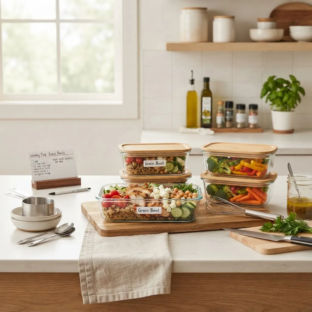 clean kitchen countertop featuring glass containers filled with prepped light lunch meals such as grain bowls and chopped vegetables, with