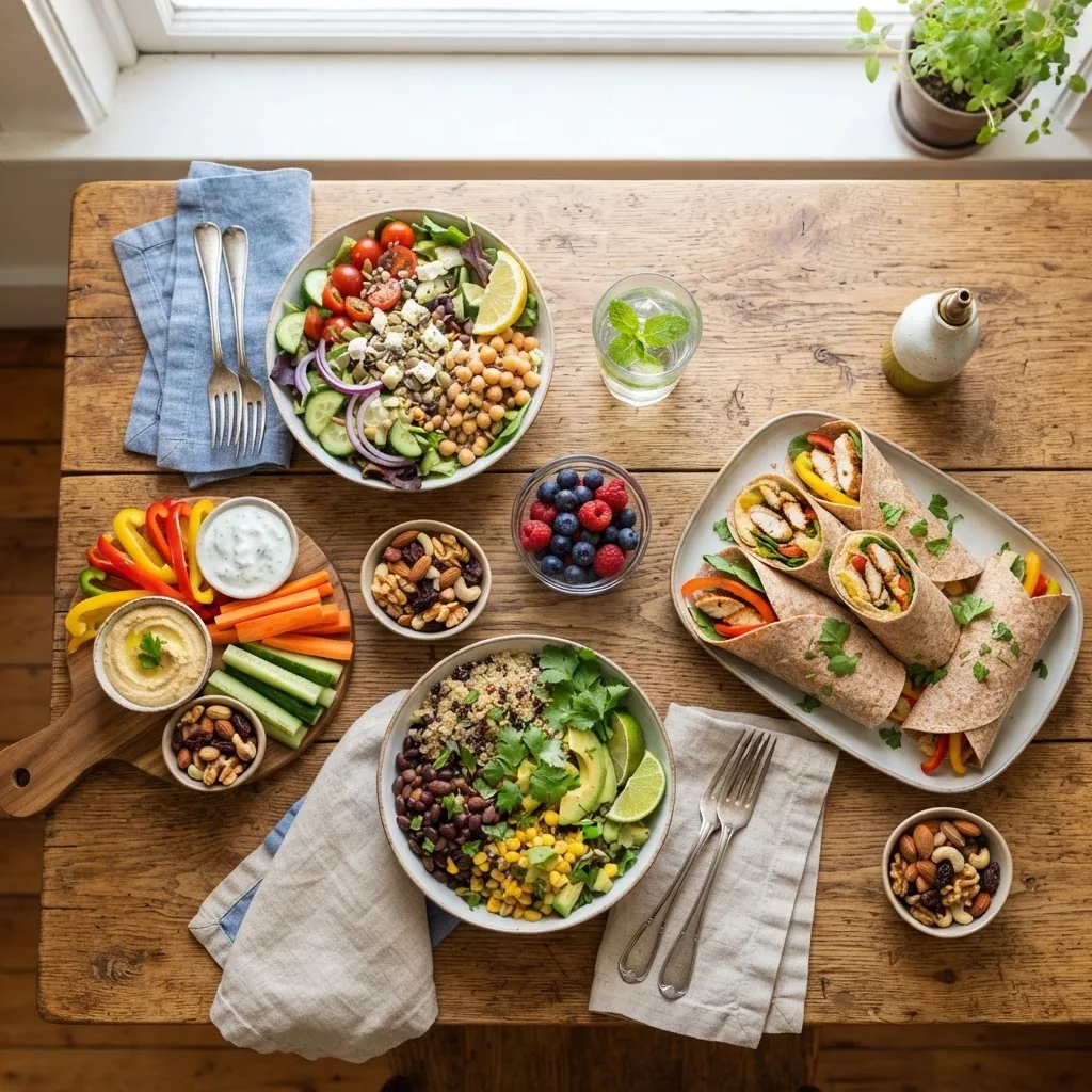 a variety of colorful no-cook lunch options on a wooden table, including wraps, fresh salads in bowls, sliced vegetables, and nuts, with