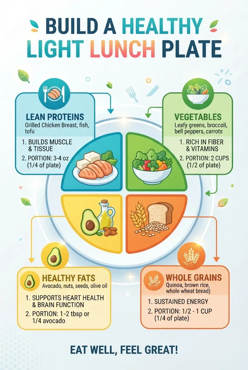 A vertically oriented infographic illustrating the breakdown of a healthy light lunch plate: sections for lean proteins, whole grains,