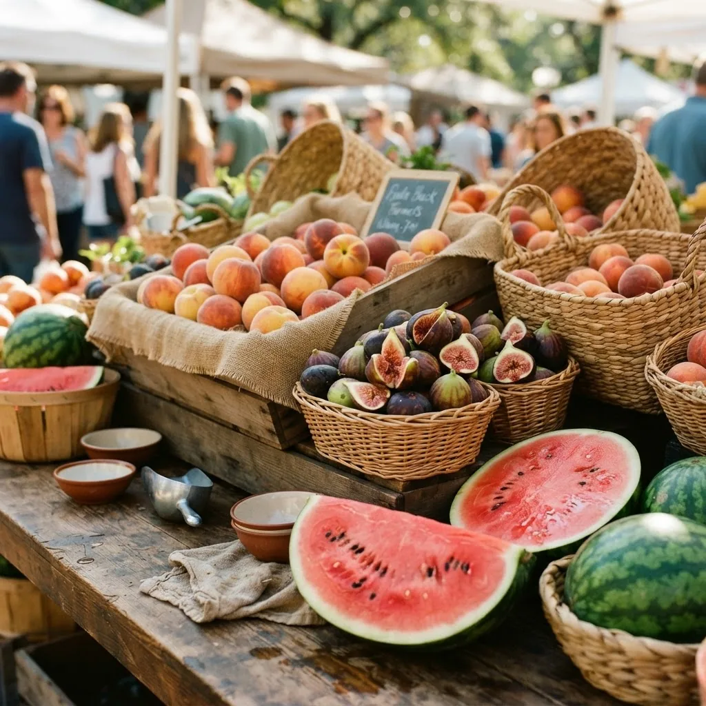 a Texas farmers market stall showcasing seasonal fruits like peaches, watermelon, and figs, with natural sunlight, fresh and appealing