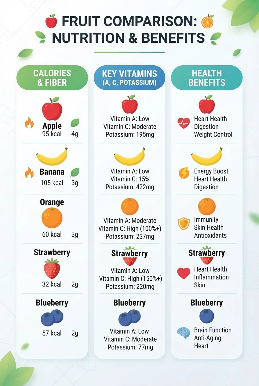 features a three-column layout comparing five popular fruits by calories, fiber content, key vitamins (A, C, and potassium), and health