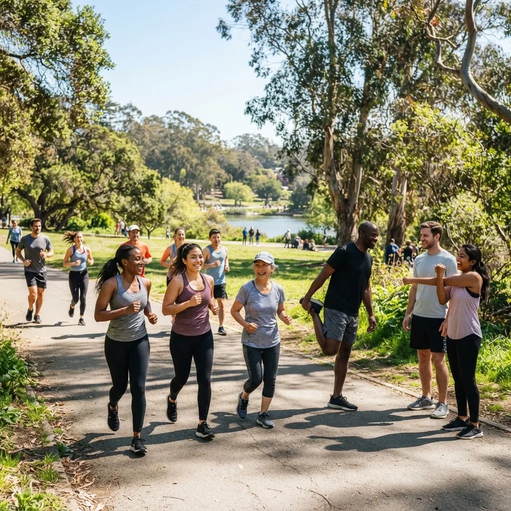 a diverse group of adults doing moderate exercise outdoors in a sunny park setting, showing jogging, walking, and stretching activities,