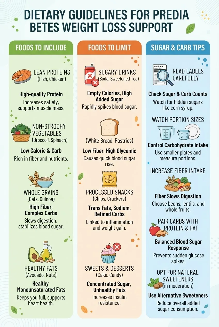 with three columns titled: “Foods to Include,” “Foods to Limit,” and “Sugar & Carb Tips.” Each column has 4-5 bullet points with food