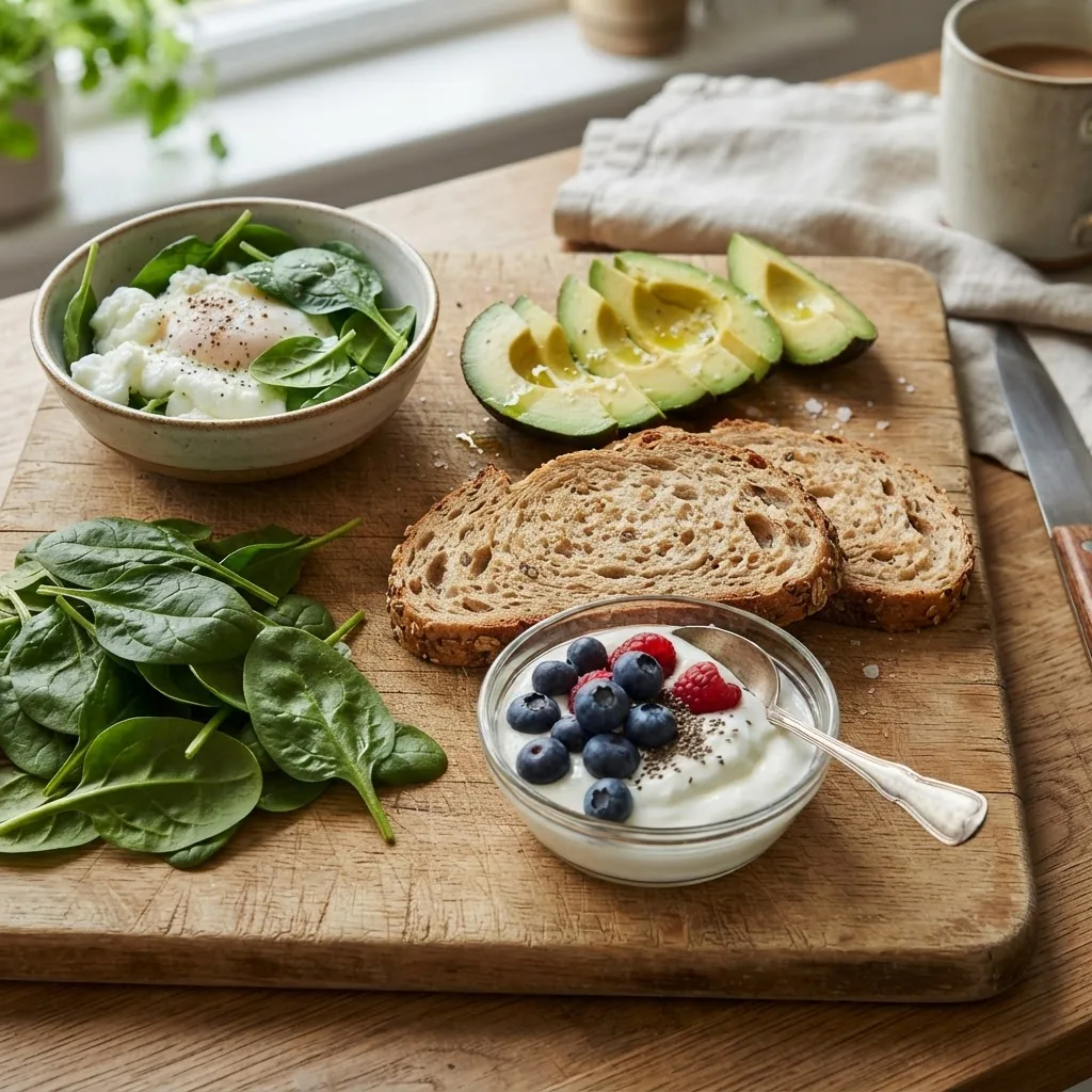 a wooden cutting board displaying an array of fresh low calorie breakfast ingredients: spinach leaves, sliced avocado, egg whites, whole