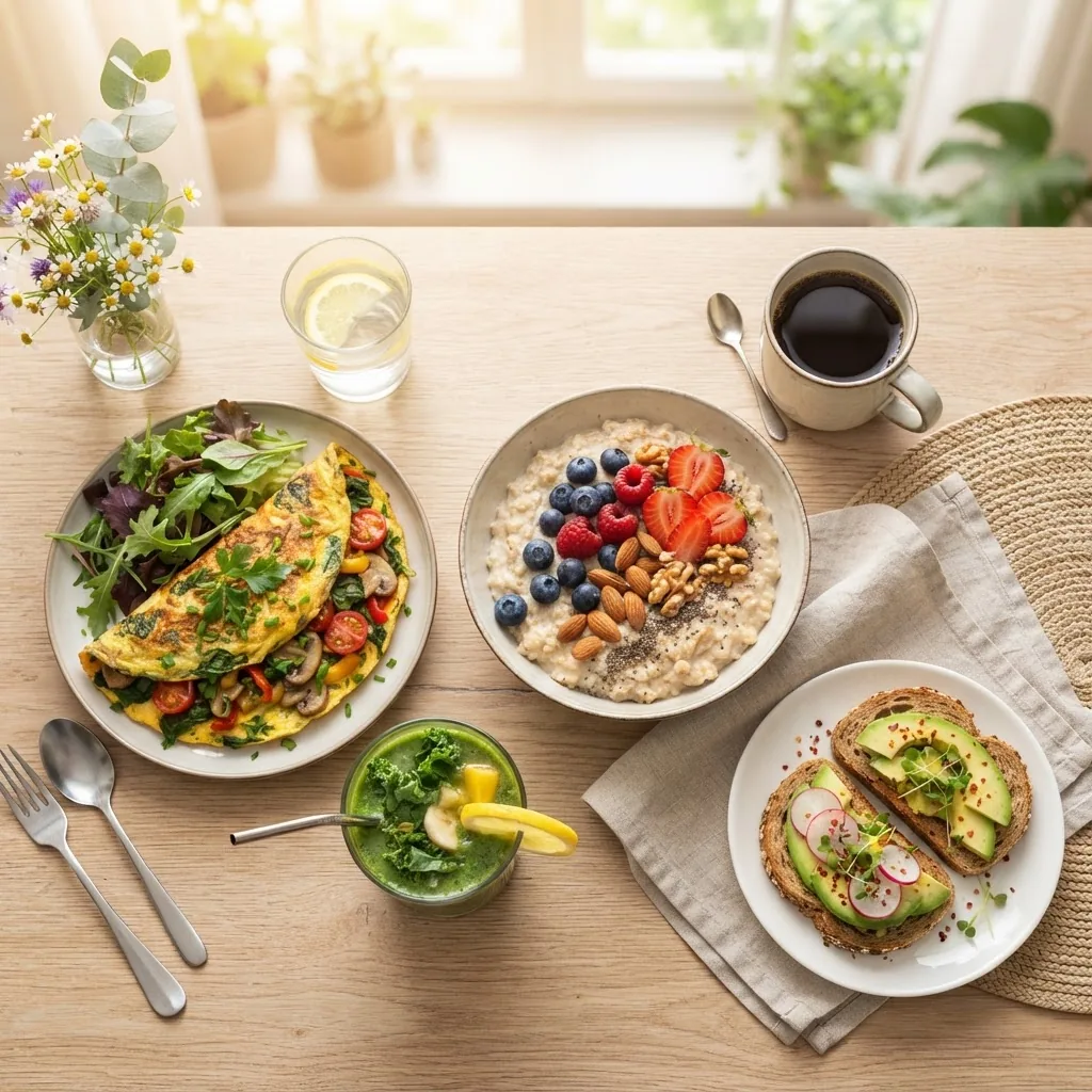 a clean kitchen table with an assortment of colorful low calorie breakfast dishes including a bowl of oatmeal topped with berries and nuts,