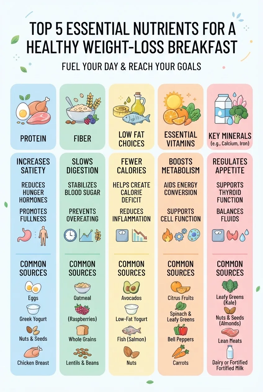 illustrates five key breakfast nutrients (protein, fiber, low fat, vitamins, minerals) each with an icon and two short statistics showing