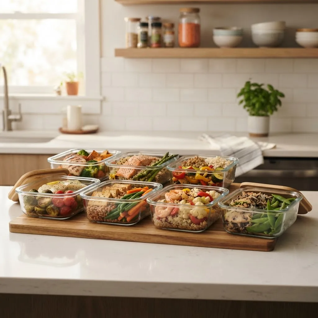 A kitchen counter scene showing multiple glass meal prep containers filled with varied low calorie dinners such as roasted vegetables, lean
