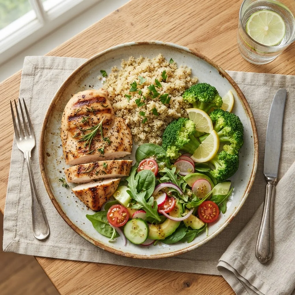 A colorful dinner plate featuring a balanced low calorie meal with grilled chicken breast, steamed broccoli, quinoa, and fresh salad, shot