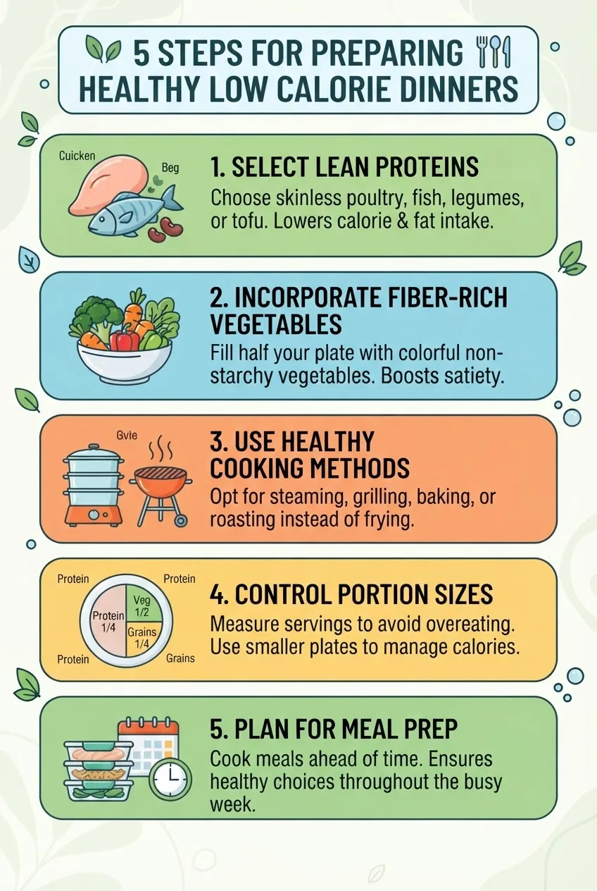 An infographic illustrating 5 steps for preparing healthy low calorie dinners: (1) Select lean proteins, (2) Incorporate fiber-rich