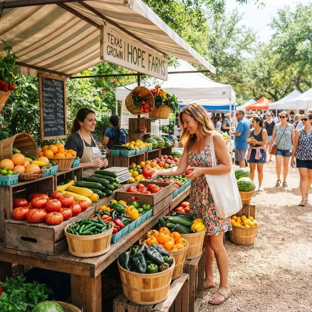 a Texas farmer's market stall with fresh, colorful fruits and vegetables typical to the region, such as tomatoes, peppers, squash, and