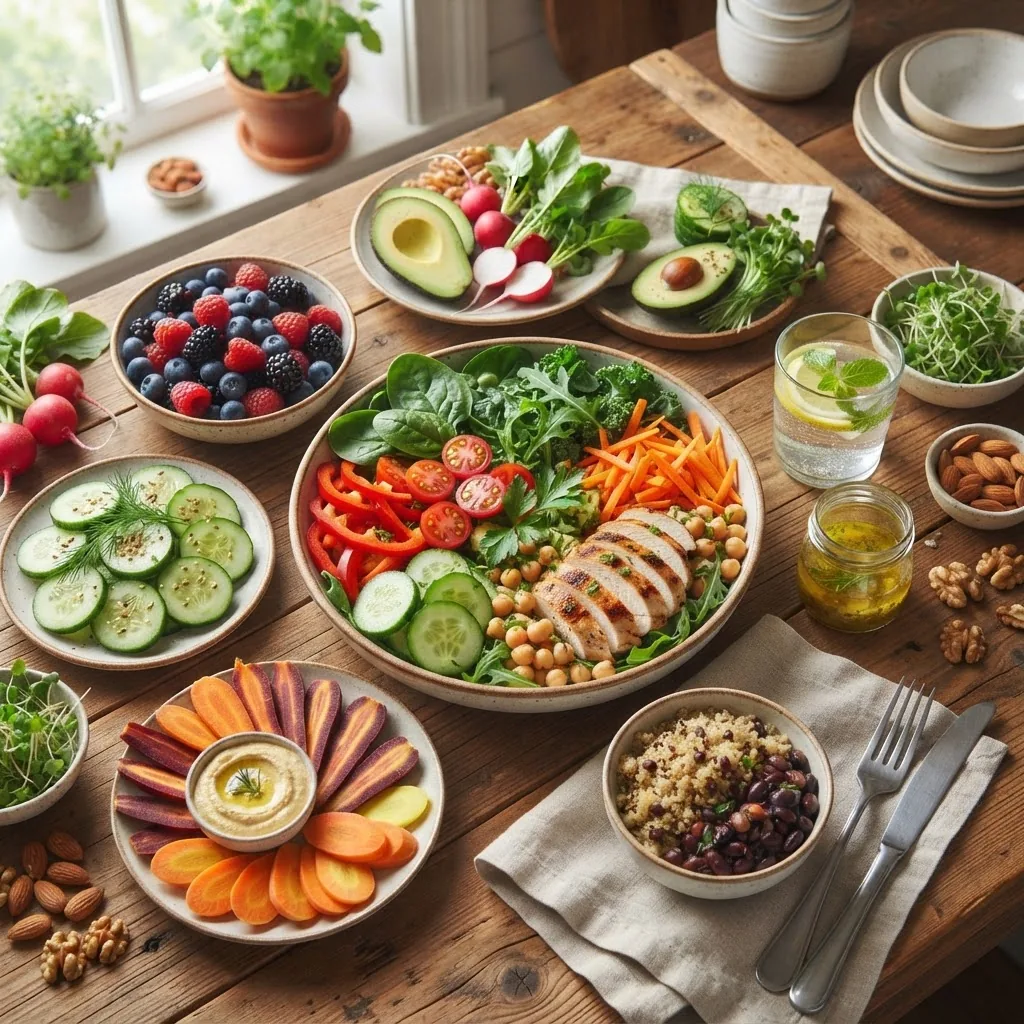 an assortment of fresh low-calorie foods arranged on a wooden kitchen table, including leafy greens, berries, cucumbers, carrots, grilled