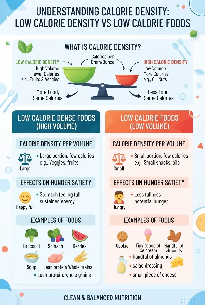compares low calorie dense foods vs low calorie foods featuring two columns, each with icons depicting food types, calorie density per