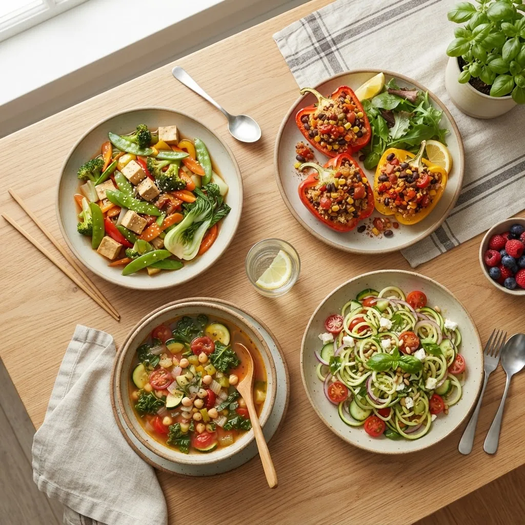 an arranged meal set featuring various low calorie high volume dishes such as a vegetable stir-fry, broth-based vegetable soup, stuffed