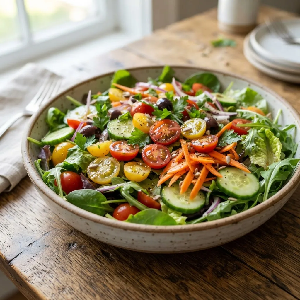 a large colorful salad bowl filled with mixed greens, cherry tomatoes, cucumbers, and shredded carrots on a rustic wooden table under