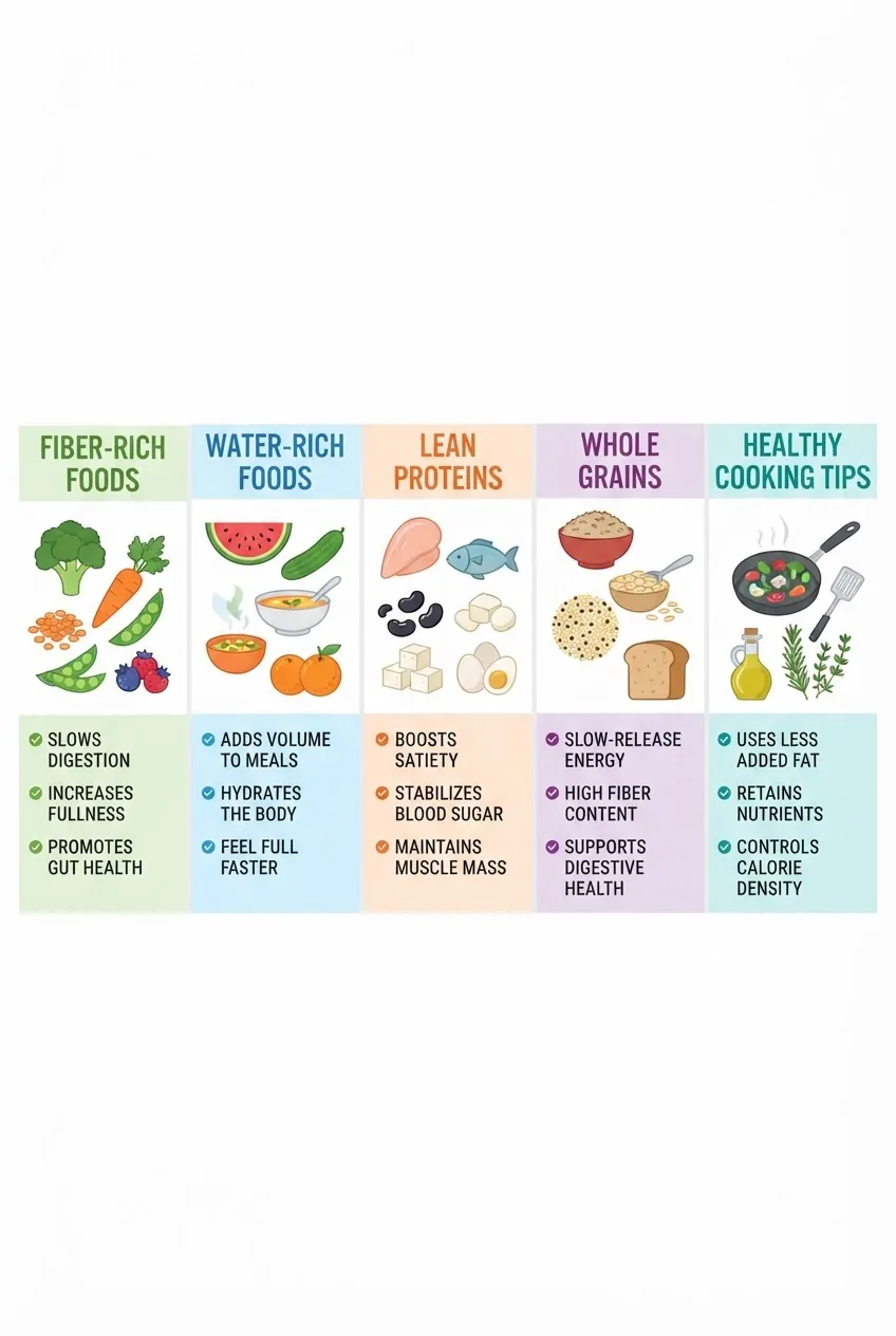 shows five sections horizontally: (1) Fiber-Rich Foods with icons of vegetables and legumes, (2) Water-Rich Foods with fruits and soups