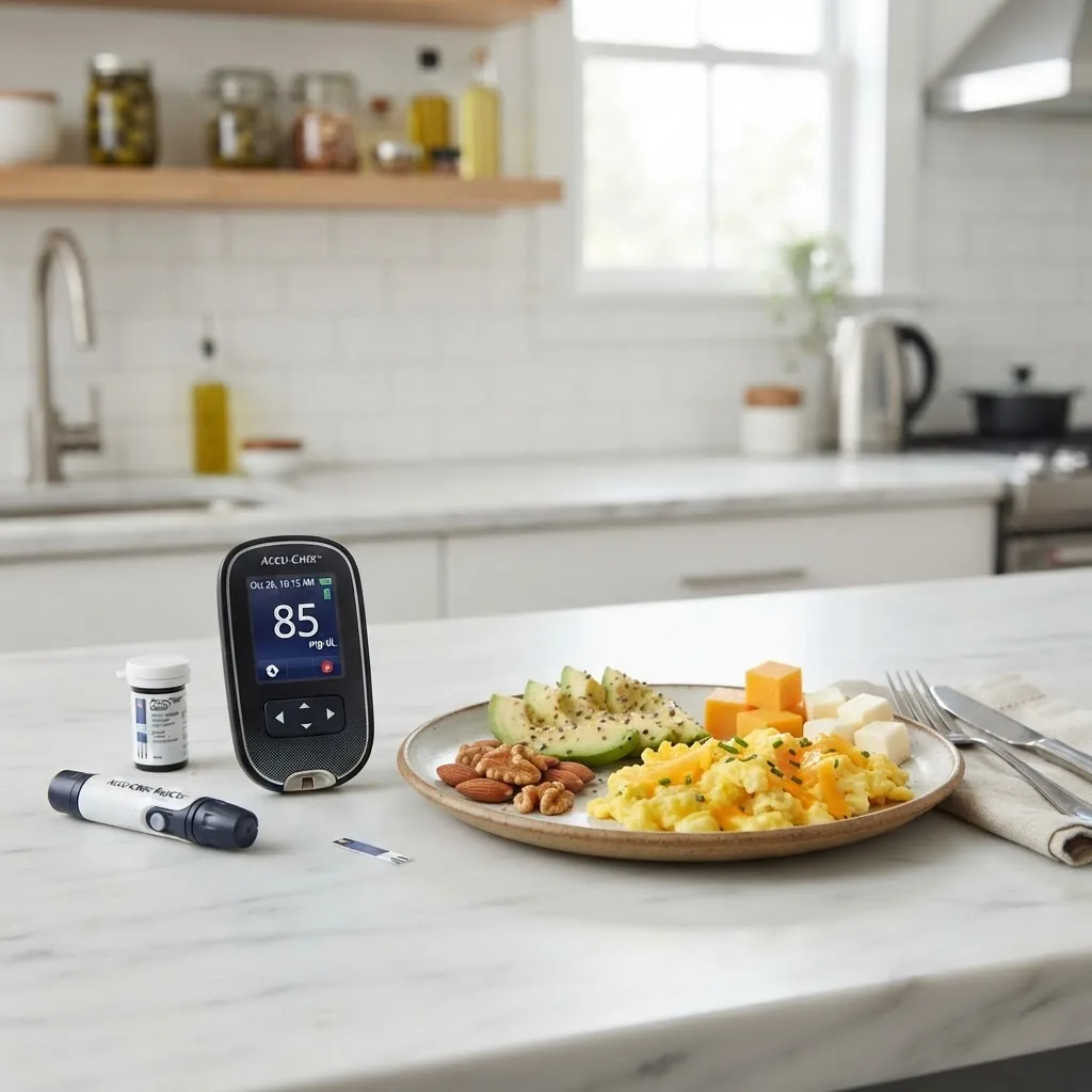 A clear photo of a blood glucose monitor showing a reading, next to a keto food plate with nuts and cheese, illustrating blood sugar