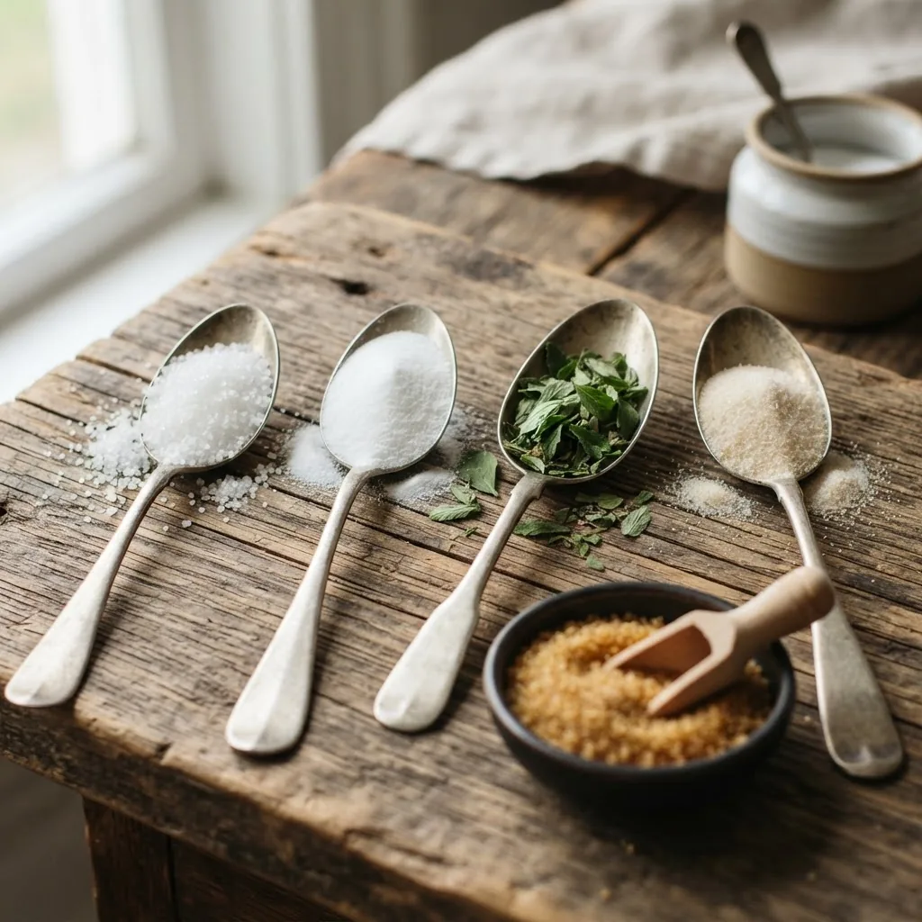 A close-up photo of several spoonfuls of different low carb sweeteners (powder, granules) on a rustic wooden table, including erythritol,