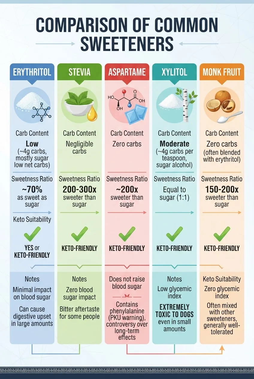 A horizontal infographic with 5 columns comparing erythritol, stevia, aspartame, xylitol, monk fruit; each column includes icon of