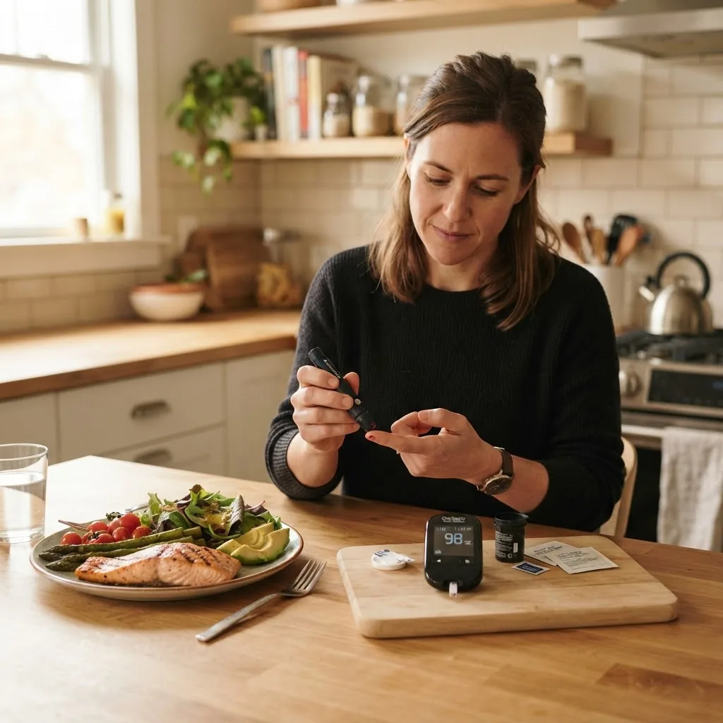 mid-shot of a person pricking their finger for blood sugar testing next to a blood glucose monitor on a kitchen counter, with a fresh low