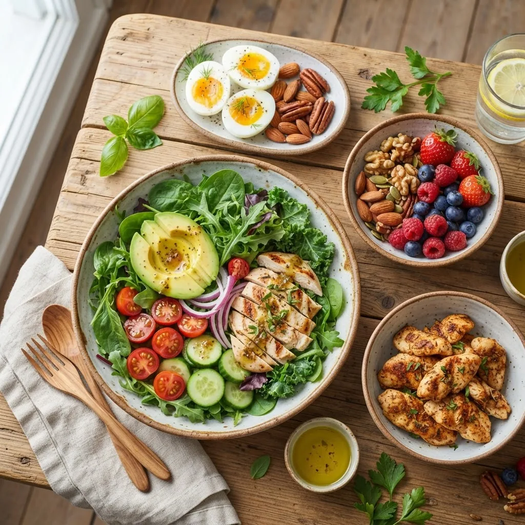 a variety of diabetic-friendly low carb foods including leafy greens, nuts, berries, avocado, grilled chicken, and eggs arranged on a
