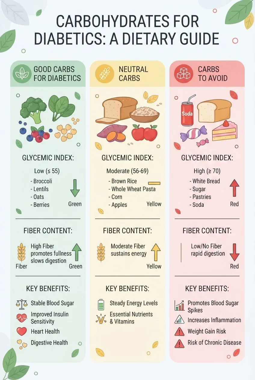 An infographic with three columns comparing “Good Carbs for Diabetics,” “Neutral Carbs,” and “Carbs to Avoid,” each column featuring icons