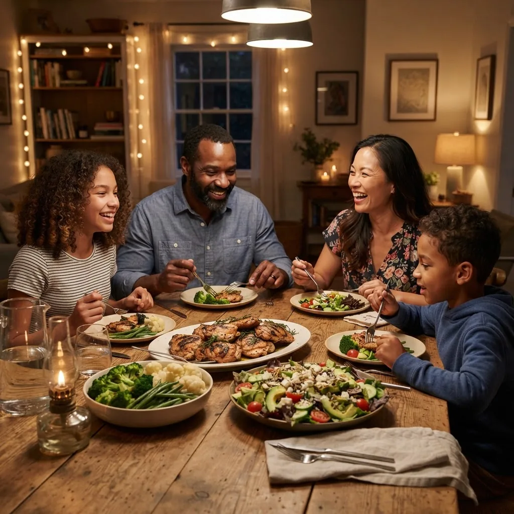 A cozy family dinner scene with a diverse family enjoying a wholesome low carb high protein meal at a rustic dining table; dishes featuring