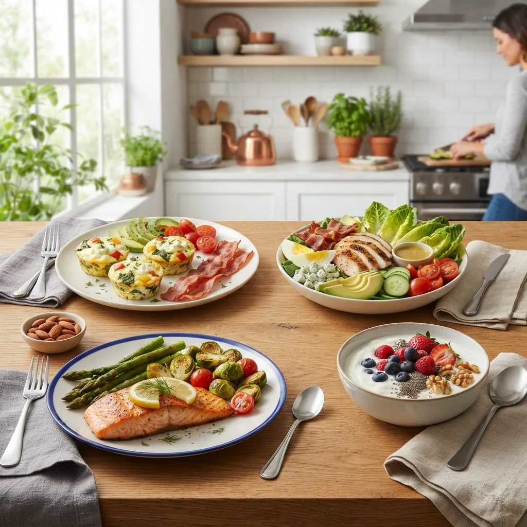 A bright, modern kitchen setting with a variety of visually appealing plates featuring colorful low carb high protein meals for breakfast,