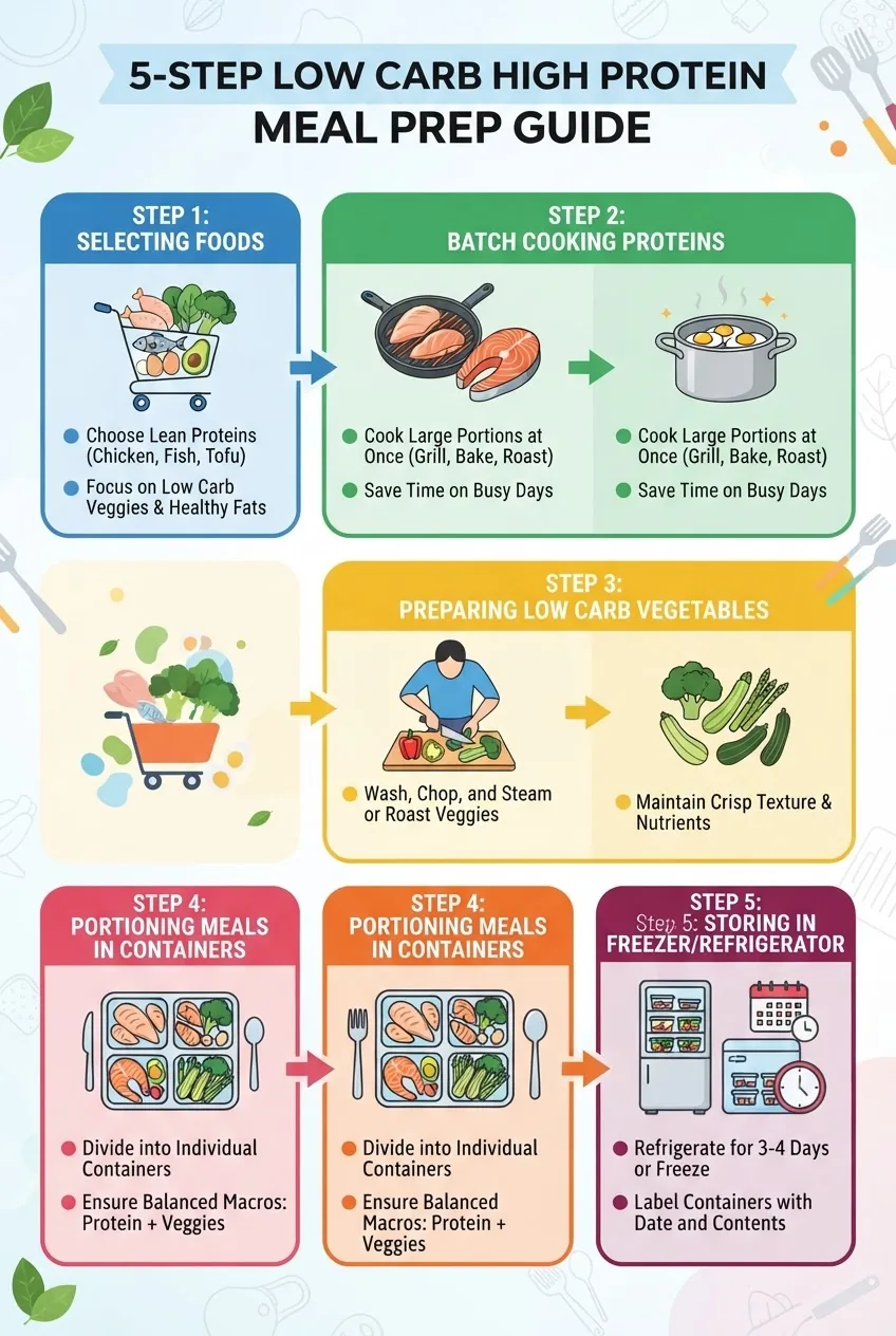An infographic illustrating a 5-step meal prep guide for low carb high protein meals: Step 1 selecting foods, Step 2 batch cooking