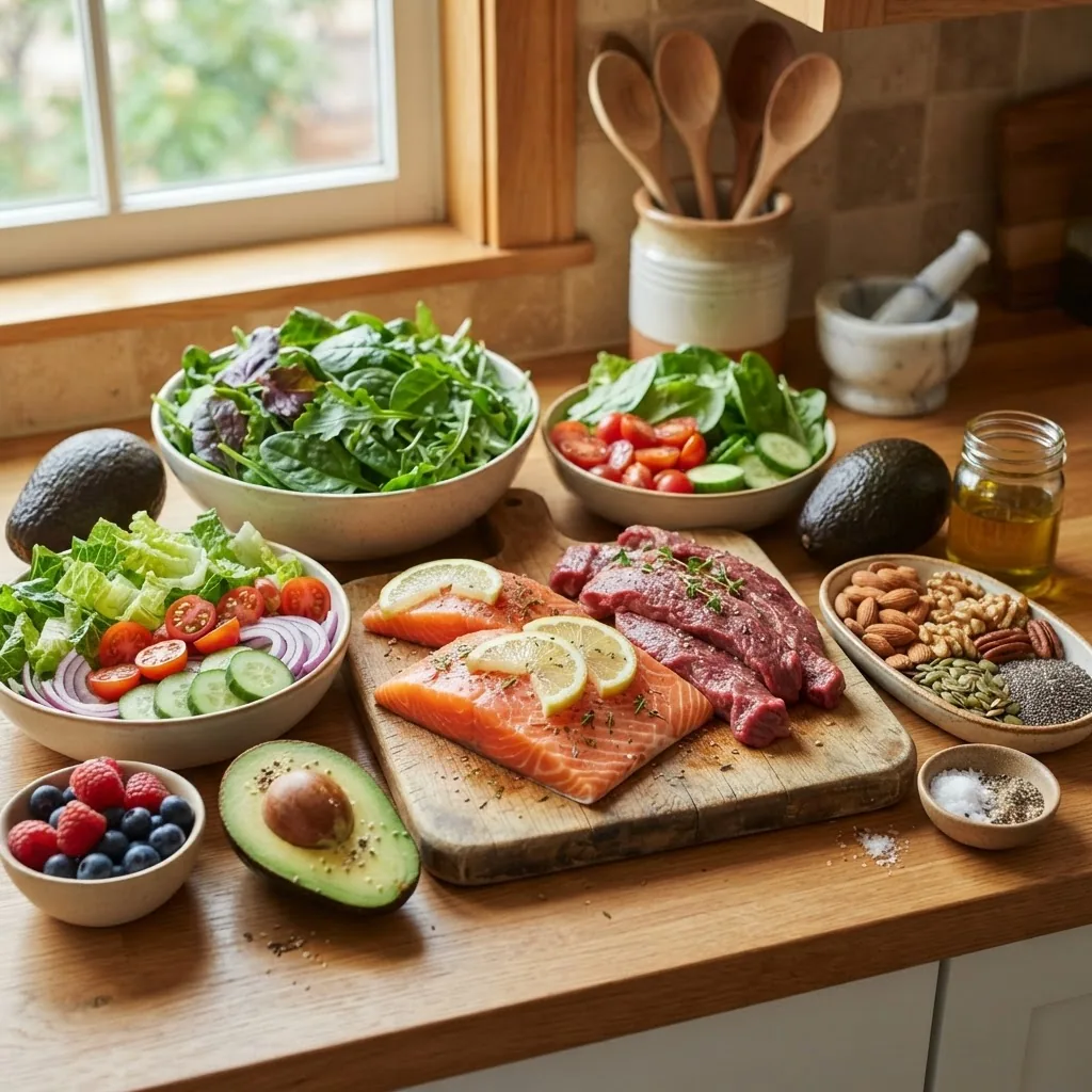 vibrant, well-lit kitchen countertop displaying an assortment of low carb no sugar foods including lean meats, leafy green vegetables,