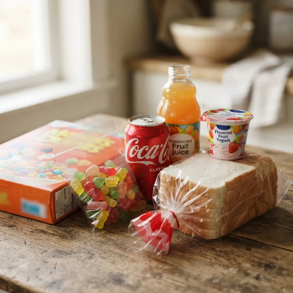 packaged processed foods typical for hidden sugars and high carbs—such as sugary cereals, white bread, sodas, and candies—arranged on a