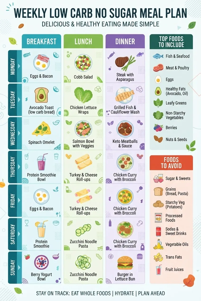 shows a weekly low carb no sugar meal plan divided into breakfast, lunch, dinner columns, each meal illustrated with simplified icons of