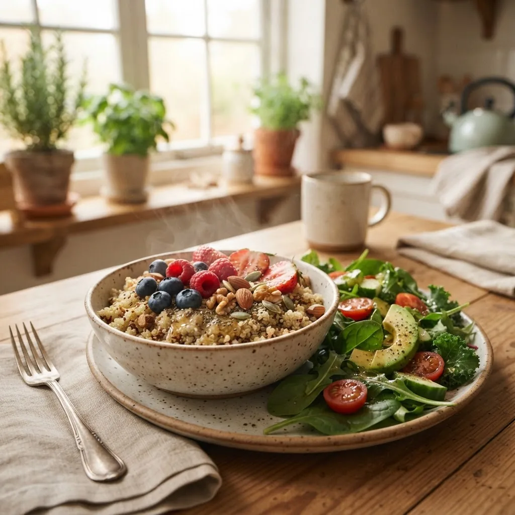 close-up of a vibrant, heart-healthy breakfast plate including a quinoa bowl topped with chopped nuts, fresh fruits, and a side of leafy