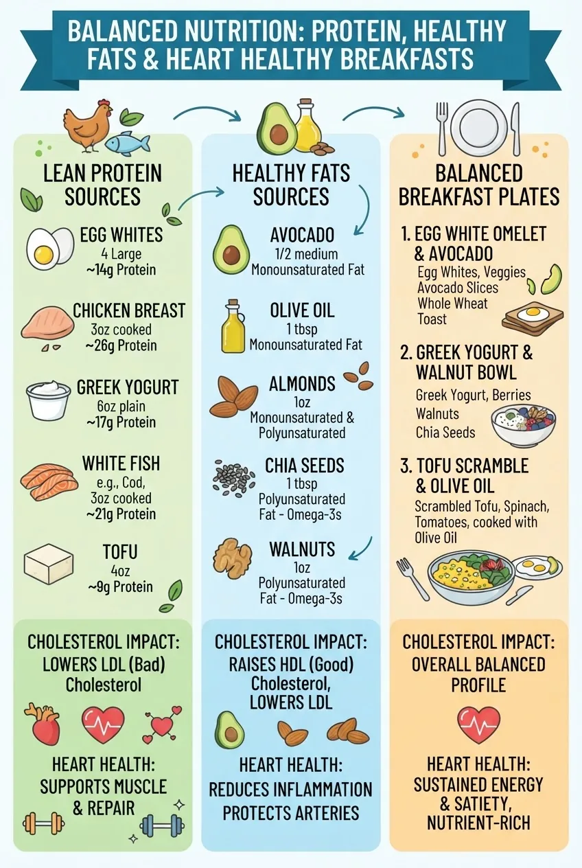shows three columns: (1) lean protein sources with icons and protein grams, (2) healthy fats sources with icons and fat type