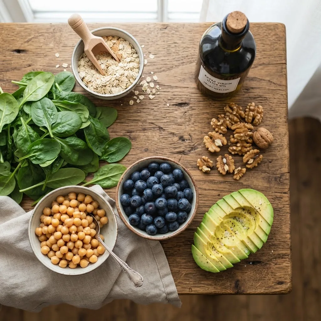 colorful flat lay of heart-healthy ingredients arranged visually on a wooden table: oats, walnuts, olive oil bottle, fresh spinach,