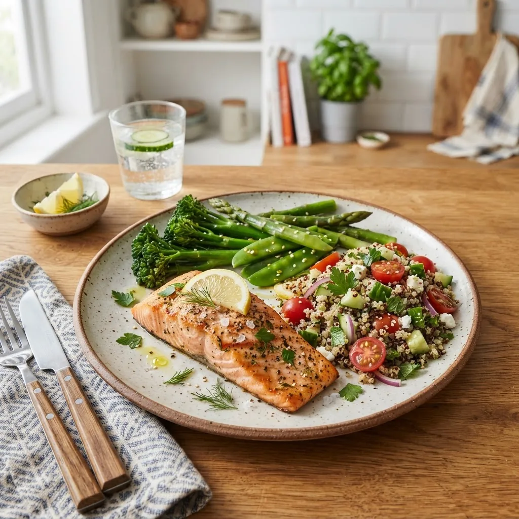 a prepared heart-healthy low cholesterol dinner plate featuring grilled salmon, steamed green vegetables, quinoa salad, with natural