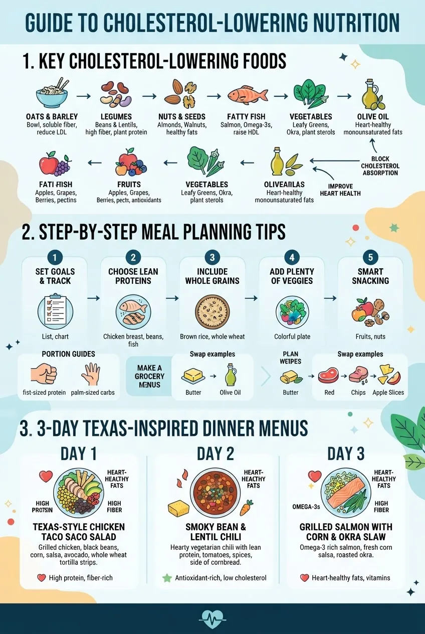 divided into 3 sections: 1) Key cholesterol-lowering foods with icons and benefits, 2) Step-by-step meal planning tips including portions