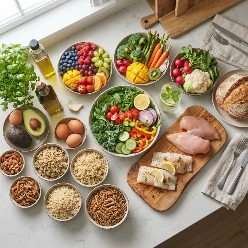 A well-lit, colorful kitchen countertop with an assortment of fresh low fat foods including fruits, vegetables, lean poultry, white fish,
