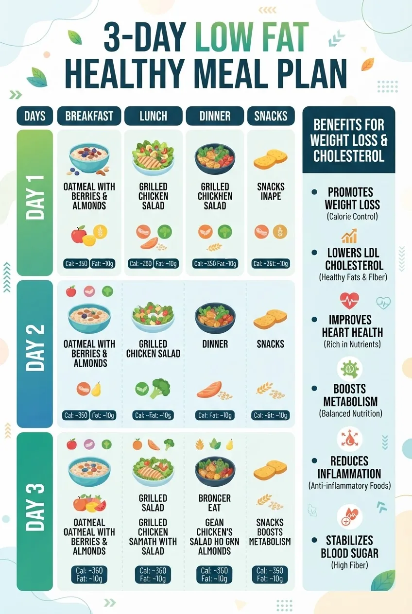 A full-width infographic showing a 3-day low fat meal plan layout with breakfast, lunch, dinner, and snacks columns; each meal accompanied