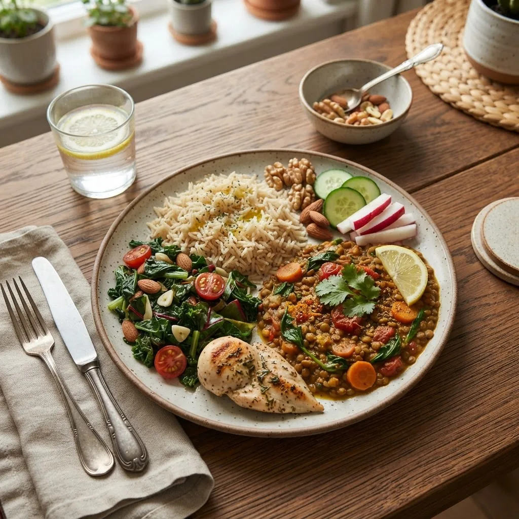 A neatly arranged diabetic-friendly meal plate with portions of low GI foods such as lentils, leafy greens, brown rice, nuts, displayed on