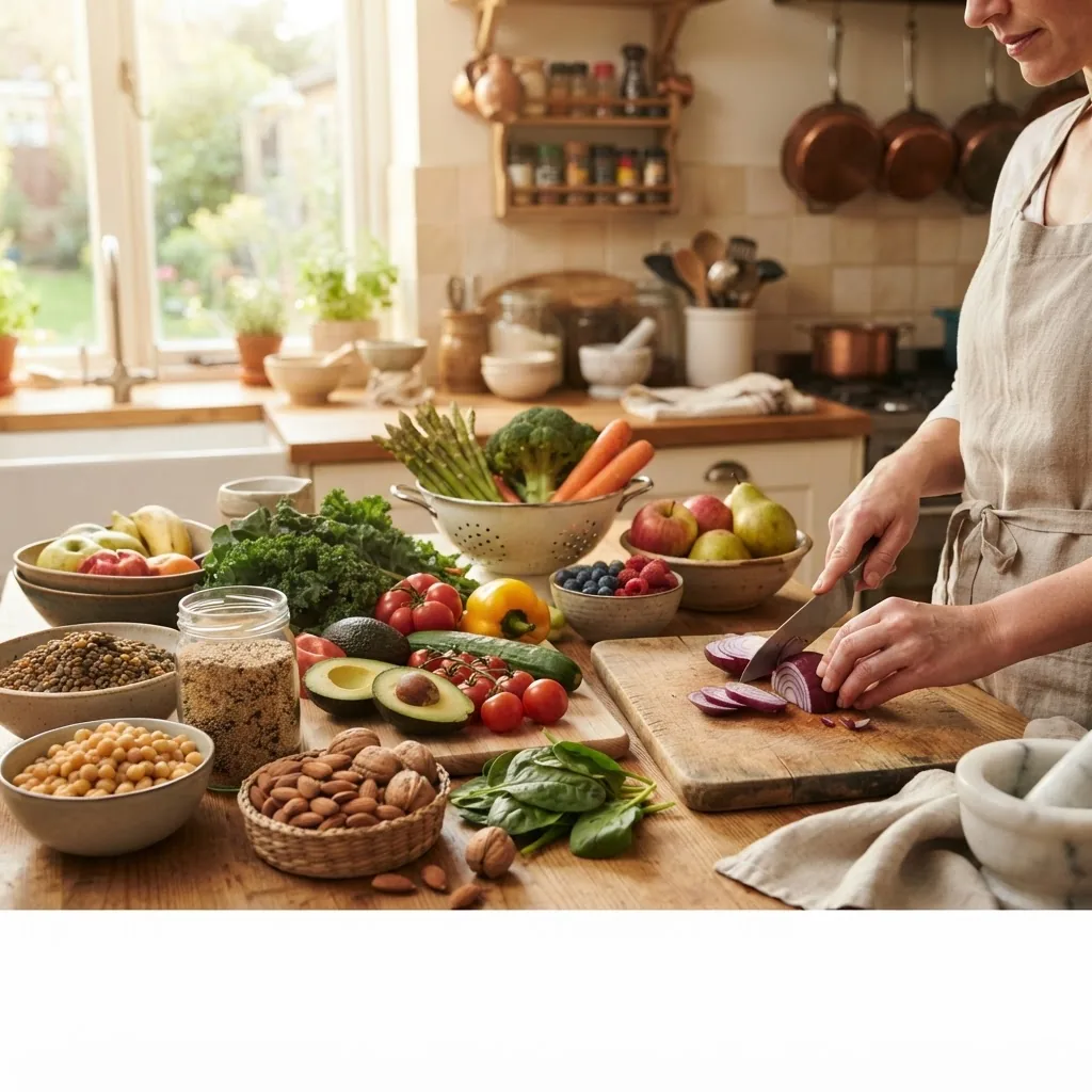 A vibrant kitchen scene with fresh low glycemic index foods spread on the counter including legumes, nuts, whole grains, fresh vegetables